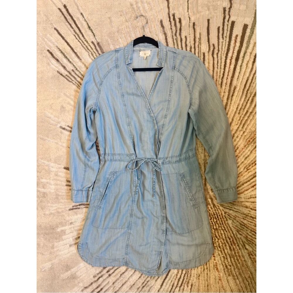 Lou & Grey Chambray Wrap Shirt Dress Womens Medium Blue Tie Waist Utility Pocket - Picture 8 of 8